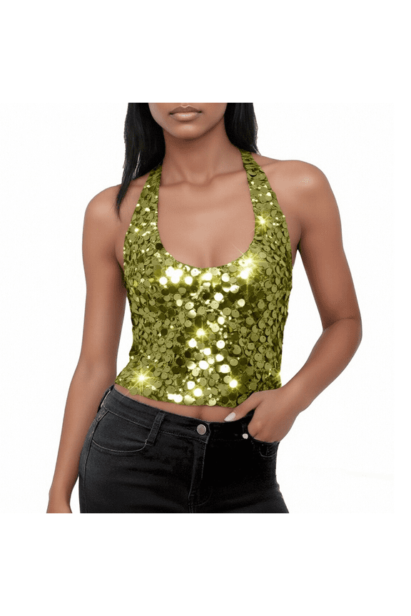 Crop Top Mardi Gras Outfit Pullover Tank Mardi Gras Shirt Casual Summer Ladies Tank Tops Casual Basic Tees Women's Casual Carnival Party Sequin Shirt Green L