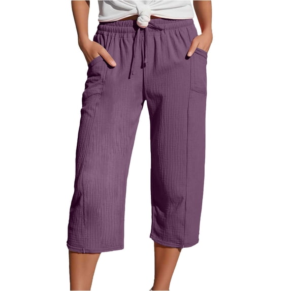 JJHGVB Cropped Trouser Cropped Pant Capri Pants for Women Casual Loose Trendy Wide Leg Lounge Slacks women's capris Thin Pants Capris Cropped Lounge Trousers Drawstring Capris Z1-Purple 2 M