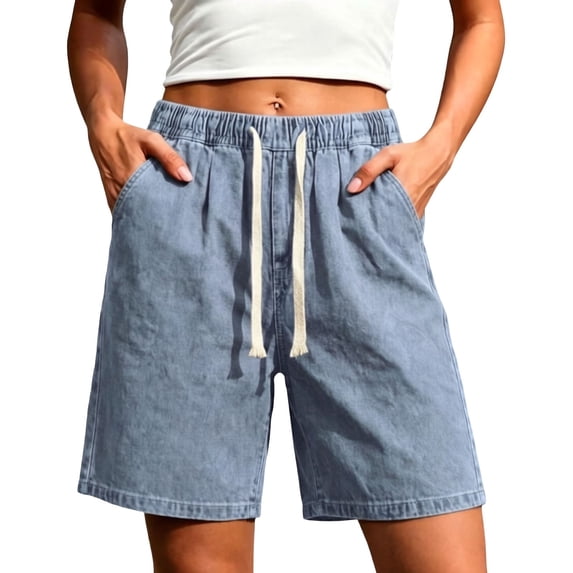 JJHGVB Denim Shorts for Women Elastic Dstring Waist Washed Wide Leg Jean Shorts with Front & Back Pockets Light Blue L