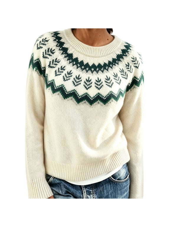 Fair Isle Sweater Knit Top Casual Sweater Winter Knit Sweater Icelandic Jumpers Sweater Long Sleeve Plus Size Casual Pullovers Trendy Retro Knit Sweater for Women A2-beige Xs
