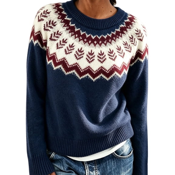 JJHGVB Fair Isle Sweater Knit Top Winter Knit Sweater Ethnic Vintage Knit Sweater Winter Outfits Icelandic Jumpers Sweater Casual Pullovers Plus Size Women Sweaters A2-navy Xs