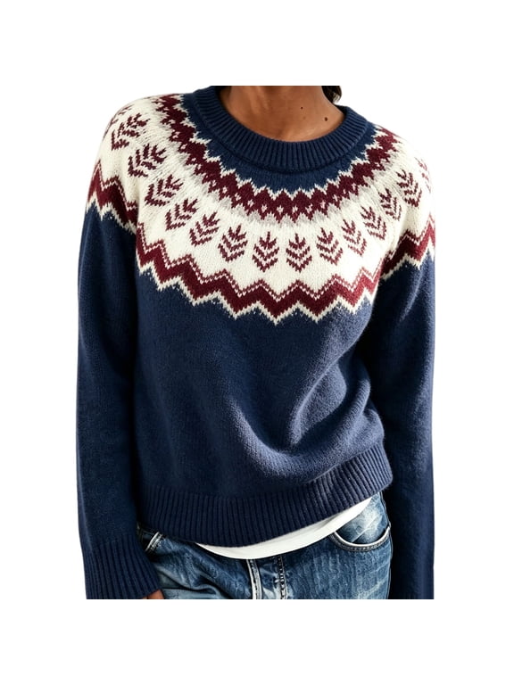 Fair Isle Sweater Knit Top Winter Knit Sweater Ethnic Vintage Knit Sweater Winter Outfits Icelandic Jumpers Sweater Casual Pullovers Plus Size Women Sweaters A2-navy Xs