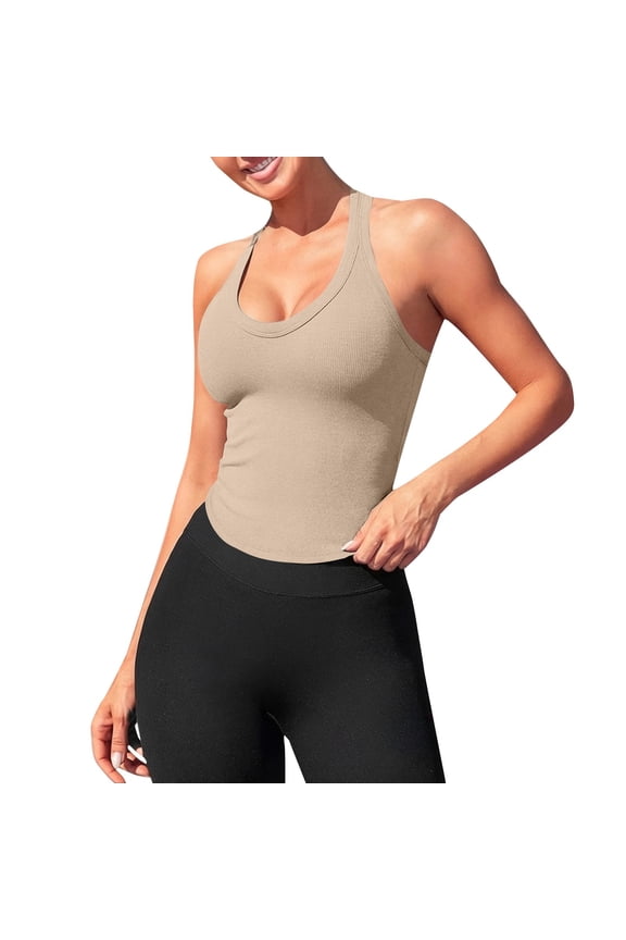 Halter Workout Tops for Women's Casual Fitted Tank Tops for Women Casual Summer Vest Tank Top Basic Tees Crop Top Summer Halter Pullover Tank Business Casual Tops for Women Beige L