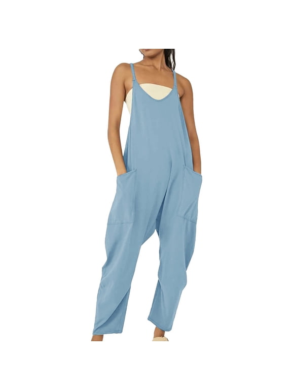 Harem Jumpers Loose Fit Cotton Overalls Casual Summer Outfits Solid Color Long Romper with Pockets Beach Vacation Trendy Long Pant Summer Overalls Womens Rompers for Summer Blue 1 S