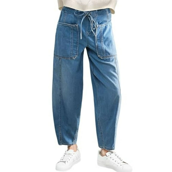 JJHGVB Jeans for Women Baggy Jeans Barrel Jeans Women Elastic Wide Leg Baggy Jeans For Woman Low Jeans Denim Pants With Drawstring Barrel Jeans Women High Waisted Jeans Blue L