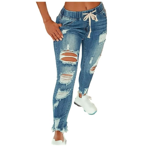 JJHGVB Jeans for Women Baggy Jeans Jeans Trouser High Women Flares Ankle Hole Solid Fashion Pants Bandage Color Plus Size Pants Ripped Jeans Womens High Waisted Jeans Light Blue 2XL