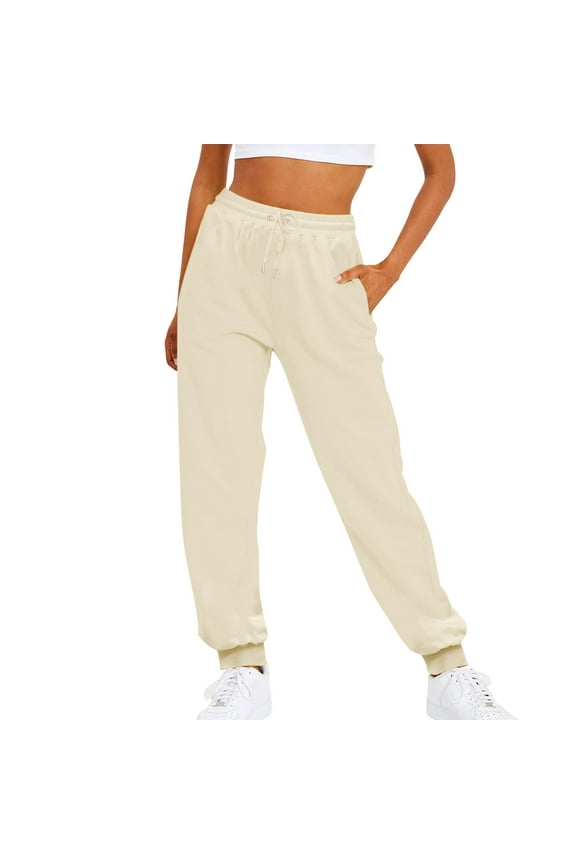 Joggers for Women Petite Pants Sweatpants Women Ladies Solid Color Drawstring Elastic Waist Casual Loose Foot Sweatpants Slacks for Women Womens Pants Beige L