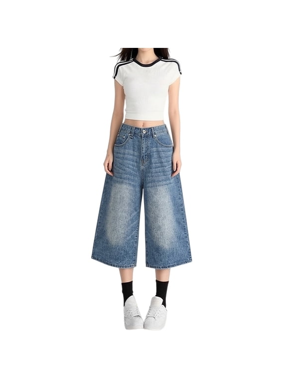 Jorts for Women Grunge Shorts Wide Leg Baggy Jorts Denim Shorts Women High Waist Retro Style Long Denim Shorts Summer Hot Short Pants Baggy Shorts Women Bermuda Cargo Shorts Light Blue L
