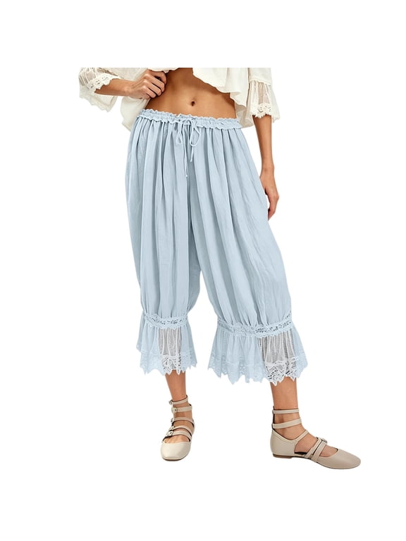 Lace Long Bloomer Pants for Women Ruffle Pantaloons Pettipants Slip Pants Capri Pajama Bottoms Light Blue M