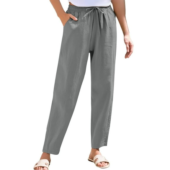 JJHGVB Linen Pants Women High Waisted Pants Women's Cotton Linen Straight Leg Pants Elastic Drawstring Casual Pants With Pockets Summer Beach Pants Drawstring Pants Women Summer Pants Gray M