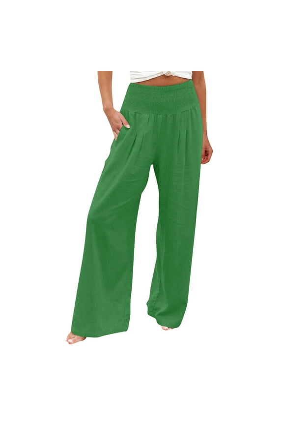 Linen Pants Women Palazzo Pants Gaucho Pants High Waist Wide Leg Pants For Women Smocked Elastic Waist High Waist Loose Comfy Casual Pants With Pockets Baggy Pants Beach Pants Green XL