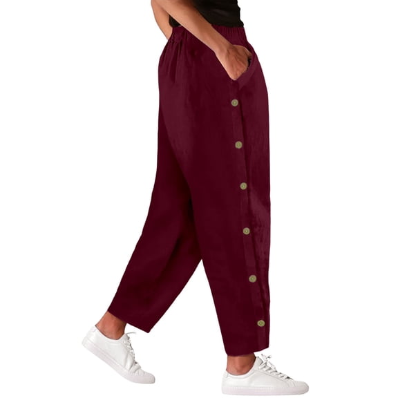 JJHGVB Linen Pants Women Palazzo Pants Women's Side Button Pockets Solid Color Mid Waist Cotton Linen Casual Slacks Baggy Pants Womens Casual Pants M