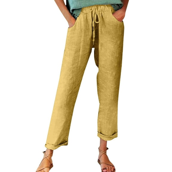 JJHGVB Linen Pants Women Petite Pants Gaucho Pants Women's Linen Vintage Floral Print Casual Pants Comfortable And Trendy Lounge Pants Women'S Pants Yellow L