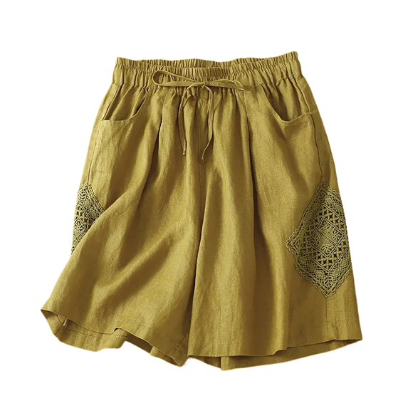 JJHGVB Linen Shorts for Women High Waisted Pleated Lounge Shorts Long Shorts for Women Beach Resort Pants Beach Shorts with Pockets Beach Cropped Trousers Dress Shorts for Women Flowy Shorts Yellow M