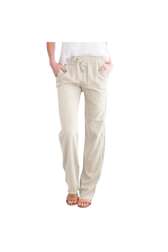 Long Trousers Elastic Waist Flowy Pants High Waist palazzo pants Pants with Pockets Wide Leg Palazzo cream pants Wide Leg Pants Summer Casual Pull-On Pant Lightweight Loose Beige L