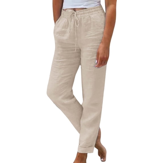 JJHGVB Long Trousers High Waist Lightweight Loose cream pants Stretchy Travel Vacation Clothes Tie Waist Pant Elastic Waist Pants with Pockets Drawstring Lounge Trousers Beige L