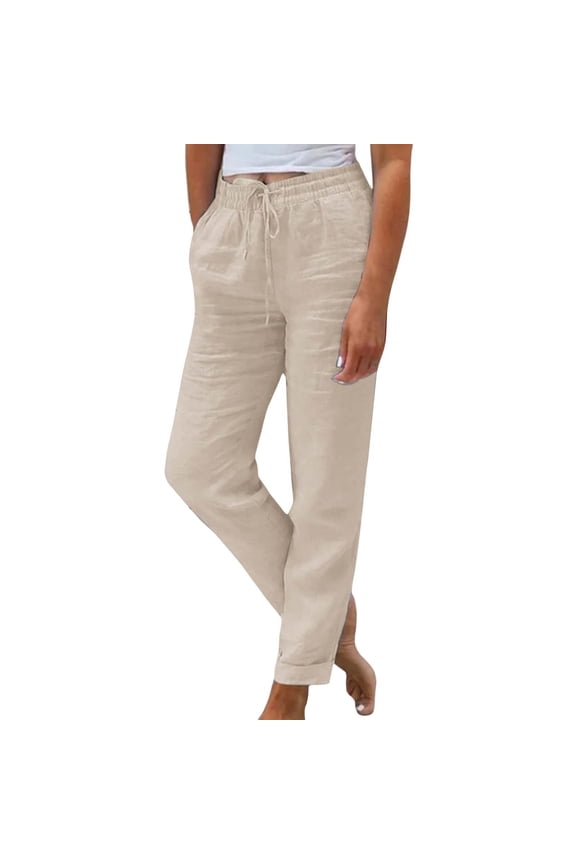 Long Trousers High Waist Lightweight Loose cream pants Stretchy Travel Vacation Clothes Tie Waist Pant Elastic Waist Pants with Pockets Drawstring Lounge Trousers Beige L