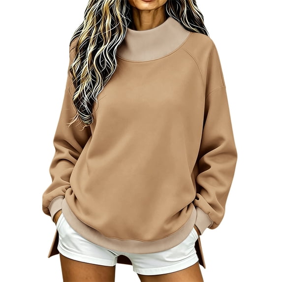 JJHGVB Mock Neck Sweatshirt Women Oversized Sweatshirts Fall Top Turtleneck Sweatshirt High Neck Sweatshirt Loose Fit Top Lounge Wear Tops Fall Sweaters for Women A7-khaki L