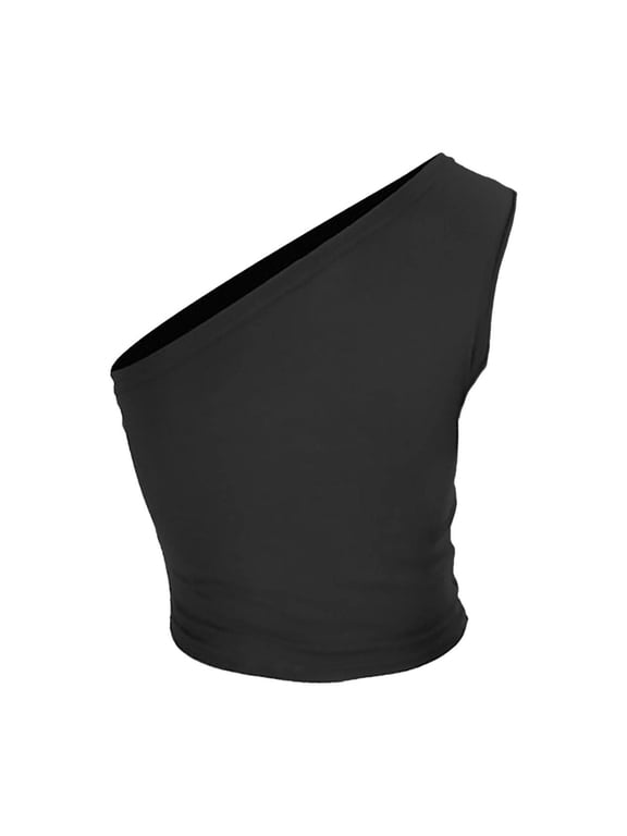 One Shoulder Tops Women's Ruched One Shoulder Tank Top Sleeveless Strap Crop Top Fit Summer Solid Color Blouse Shirts Black XS