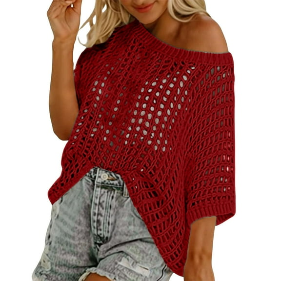 JJHGVB Open Weave Sweaters for Women Off the Shoulder Sweater Crochet Cardigans for Women Sweater Top Womens Tops Short Sleeve Short Sleeve Tops Womens Short Sleeve Shirts Red S