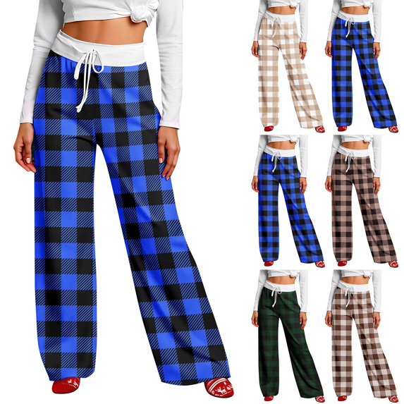 JJHGVB Plaid Pajama Pants Womens Pajama Pants Plaid Print Sleep Bottoms Straight Leg Wide Leg Drawstring Pjs Oversized Trousers Soft Comfy Elastic Waist pants for women A1-Blackish Green S