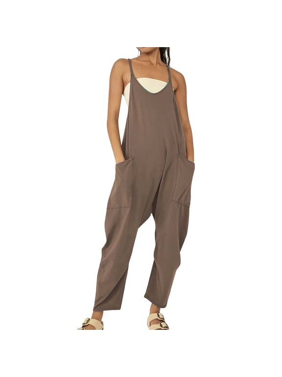 Spaghetti Romper Strap Rompers Beach Vacation Jumpers Casual Summer Outfits Thin Shoulder Strap Romper Playsuits Sleeveless Overalls Romper With Pockets Spaghetti Strap V Neck Coffee XL