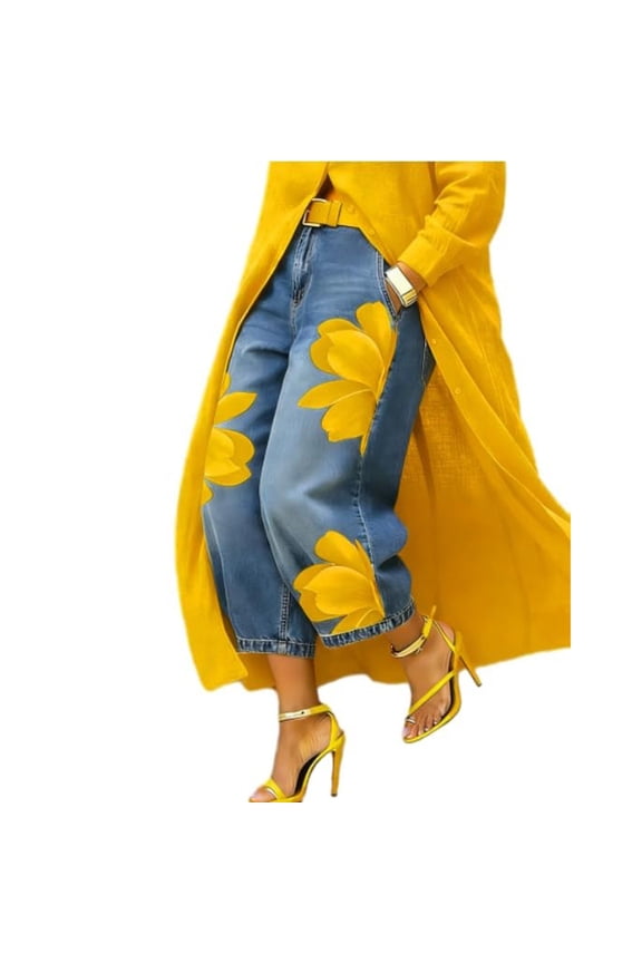 Straight Leg Jeans High Waisted Pull on Denim Pants Loose Denim Pants Denim Pants Tapered Cropped Jeans Vintage Style Casual Denim Jeans Roll Hem Denim Pants Womens Jeans Wide Leg Yellow L