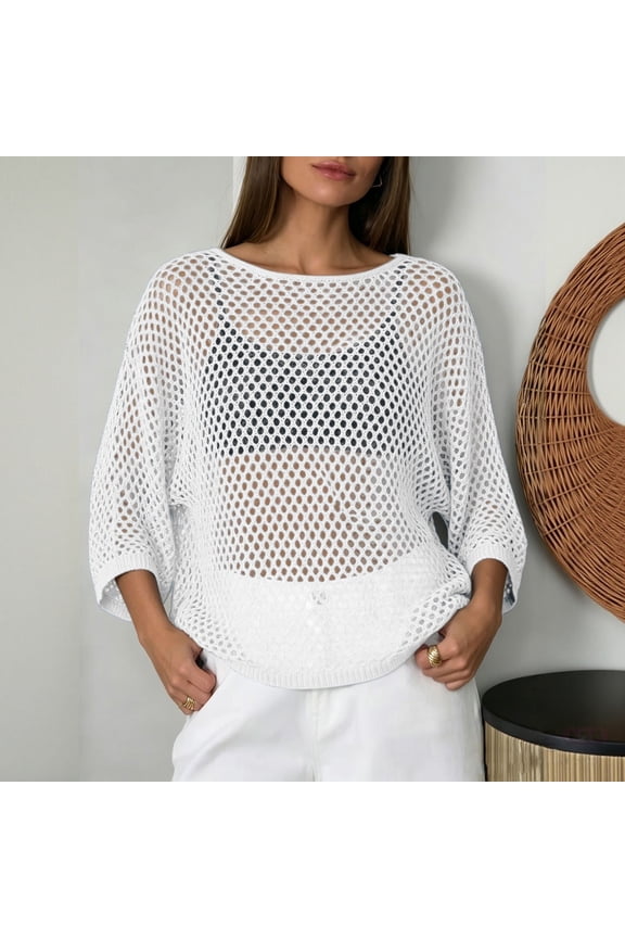 Swimsuit Cover Up Top Crew Neck Hollow Out Knit Tops Pullover Knitwear Cover Up Vacation Knit Sweater Summer Cover Up Lightweight Pullover Shirts Tops for Women A2-White L