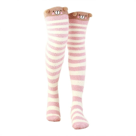 JJHGVB Thigh High Stockings Striped Socks Women's Coral Thickened Cartoon Striped Warm Towel Floor Socks 2PC Stockings Fluffy Socks Pink1 One Size