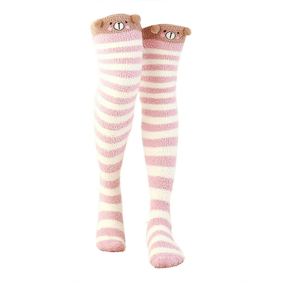 JJHGVB Thigh High Stockings Striped Socks Women's Coral Thickened Cartoon Striped Warm Towel Floor Socks 2PC Stockings Fluffy Socks Pink1 One Size
