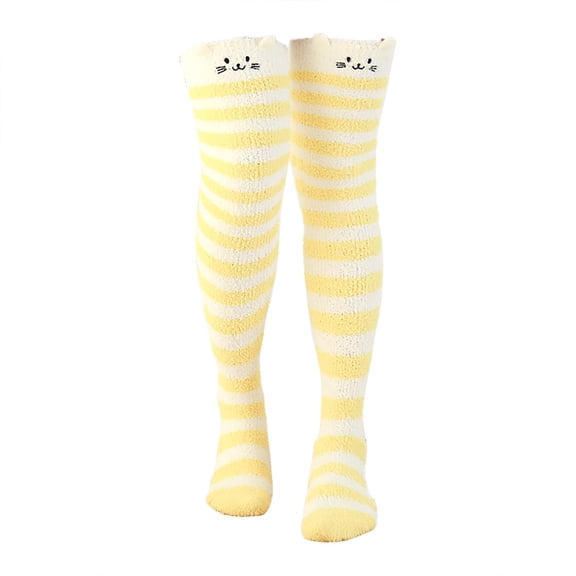 JJHGVB Thigh High Stockings Striped Socks Women's Coral Thickened Cartoon Striped Warm Towel Floor Socks 2PC Stockings Fluffy Socks Yellow One Size