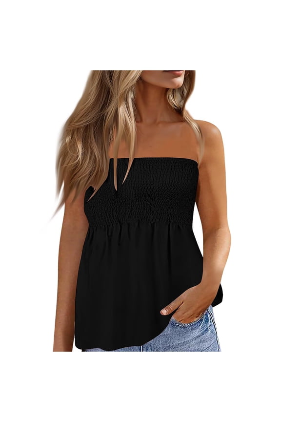 Tube Tops flowy strapless top Shoulder Tops Strapless Blouse Bandeau Tops Vintage Blouse Casual Summer Elastic Shirred Tanks Smocked Tube Tops Crop Top Pleated Shirt Black 2XL