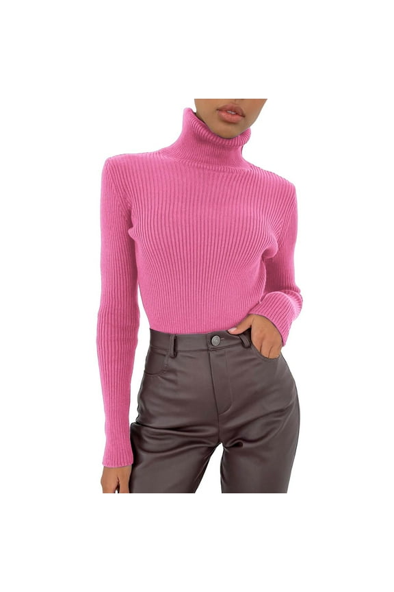 Turtleneck Sweater Women Knit Sweater Long Sleeve Undershirt for Women Fall Sweaters Fashion Tops for Women Sweaters for Women Trendy Winter Sweaters Hot Pink One Size