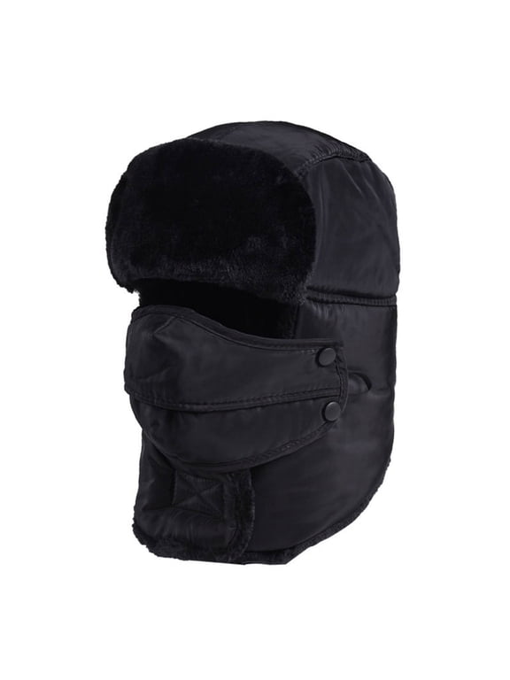 Unisex Winter Earflap Trapper Hat With Face Protector, Thick Warm Interior Windproof Cap, Adjustable Insulated Headwear For Outdoor Cold Weather Protection Daily Wear A6-Black One Size