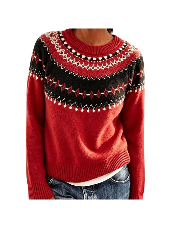 Vintage Fair Isle Sweater Icelandic Jumpers Sweater Winter Knit Sweater Crew Neck Ethnic Vintage Knit Sweater Fall Sweater Winter Outfits Chunky Sweater Sweaters for Women A1-red 3xl