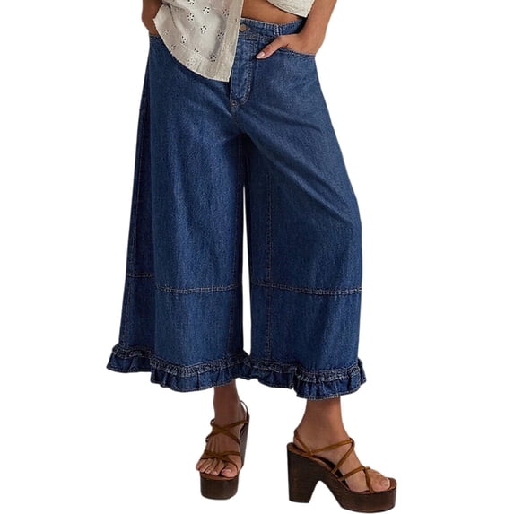 JJHGVB Wide Leg Jeans Classic Denim Trousers Pants with Pockets Straight Denim Jeans Loose Fit Denim Pants High Waisted Denim Pants Jeans for Women Loose Long Trousers Dark Blue L