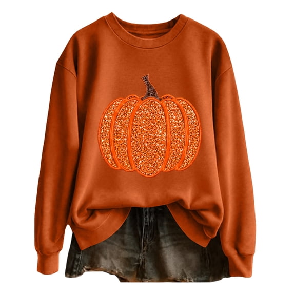 JJHGVB Women Long Sleeve Crew Neck Sweatshirt, Relaxed Fit Soft Top With Pumpkin Graphic Design For Fall Autumn Casual Daily Wear A2-Orange 2Xl