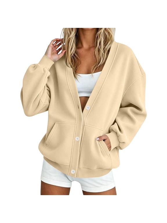 Women V-neck Button Sweatshirt with Snap Button Long Sleeve Stand Henley Collar S Casual Jacket No Hood Button Up Open Front Sweatshirt Sweatshirts for Women Light Yellow M