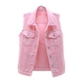 thumbnail image 1 of JJHGVB Women's Colored Denim Ripped Vest Denim Jean Vest Jacket Button Front Sleeveless Jacket Tops Casual Distressed Denim Vest Slim Fit Frayed Turn Down Collar Candy Color Women Vest A2-pink L, 1 of 8