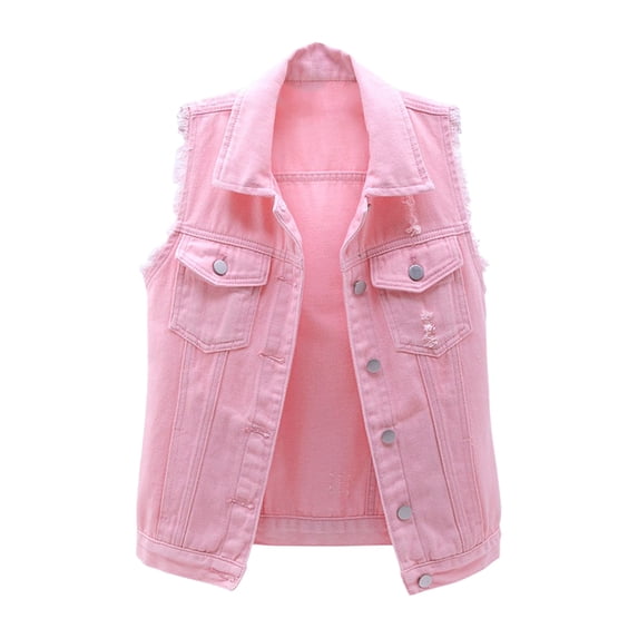 JJHGVB Women's Colored Denim Ripped Vest Denim Jean Vest Jacket Button Front Sleeveless Jacket Tops Casual Distressed Denim Vest Slim Fit Frayed Turn Down Collar Candy Color Women Vest A2-pink L