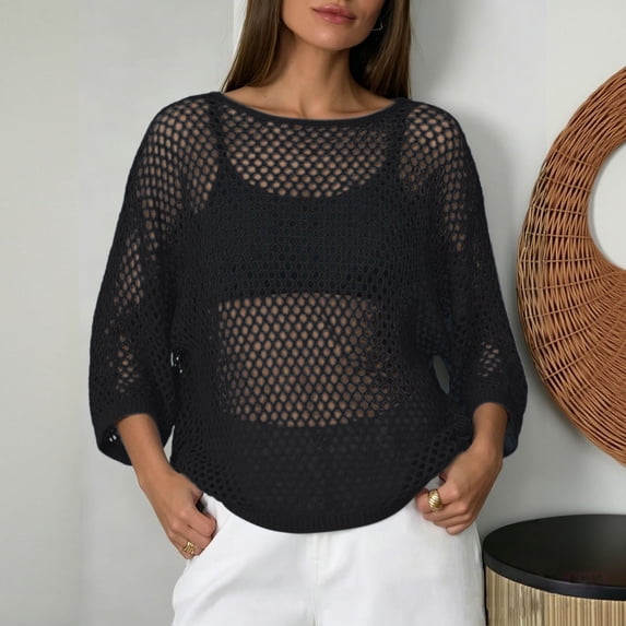 JJHGVB Women's Crochet Tops Crew Neck Hollow Out Knit Sweater Beach See Through Cover Ups Shrug Top for Beach Crochet Top Beach Coverup Casual Crochet Summer Tops for Women A2-Black S