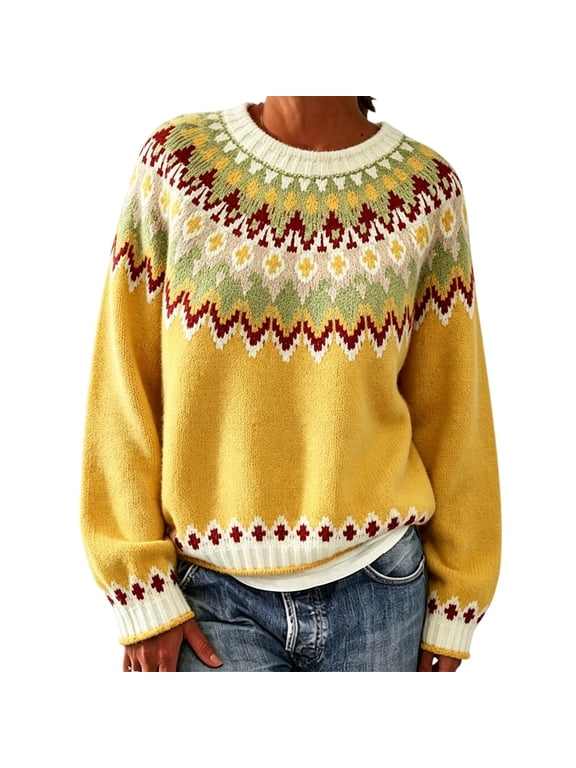 Women's Fair Isle Sweater Ethnic Vintage Knit Sweater Crew Neck Winter Knit Sweater Retro Knit Sweater Trendy Vintage Knitted Oversized Sweaters Knit Top Women Sweater A3-yellow Xs