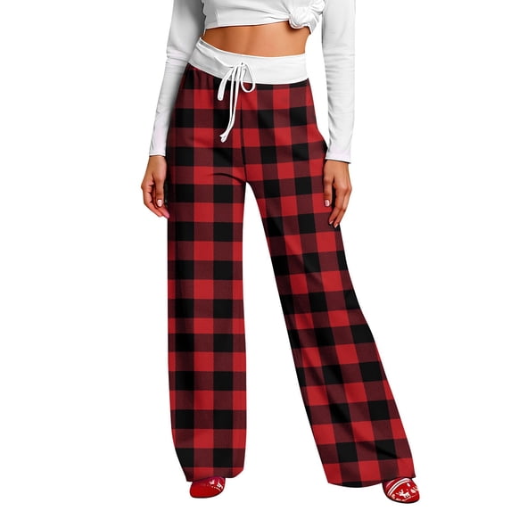 JJHGVB Women's Plaid Checkered Pants Drawstring Pjs Lounge Pants Elastic Waist Wide Leg Comfy Pajama Lightweight Breathable High Waisted Palazzo Pants Plaid Print woman pants A4-Watermelon Red XL