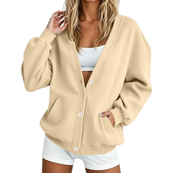 JJHGVB Women's Sweatshirt V Neck Button Down Lightweight Jackets Casual Jacket No Hood Open Front Sweatshirt Long Sleeve Oversized Sweatshirts Button Up Womens Sweatshirt Light Yellow L
