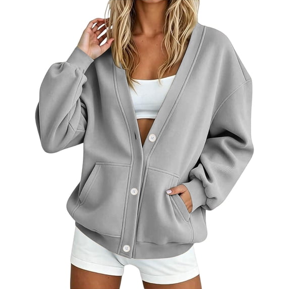 JJHGVB Women's V-neck Button Down Sweatshirt Comfort Soft No Hood Open Front Sweatshirt Oversized Sweatshirts Tunic Sweatshirt Button Up with Snap Button Long Sleeve Fall Sweaters for Women Gray L