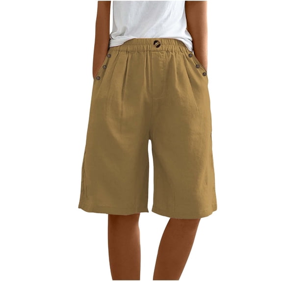 JJHGVB Womens Linen Shorts Beach Cropped Trousers Long Shorts for Women Beach Shorts with Pockets Beach Vacation Clothes Beach Resort Pants Lounge Shorts Pedal Pushers for Women Coffee M