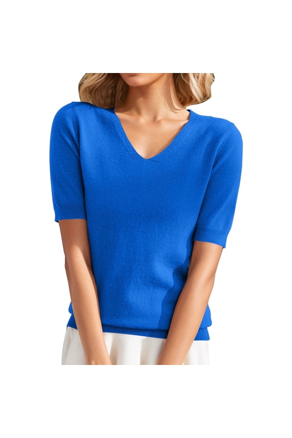 Womens Short Sleeve Sweater Pull Over Sweaters Womens Baggy Sweater Women's Sweater Women Short Sleeve Tops Short Sleeve Knit Tops for Women Womens Tops Short Sleeve Blue M
