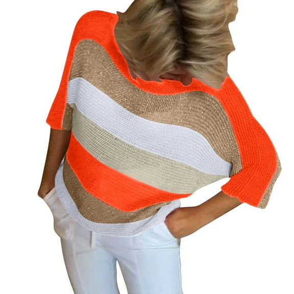 JJHGVB Womens Short Sleeve Sweater Striped Sweater Cropped Sweater Short Sleeve Blouses Women's Short Sleeve Tops Womens Tops Short Sleeve Orange M