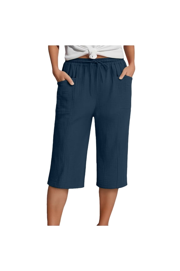 capris pants Knee Length Capri Pants gaucho pants for women comfys fit mid-calf length Slacks Casual Loose Pants Cropped Pant Drawstring Pants Summer Beach Pants High Waist Navy S