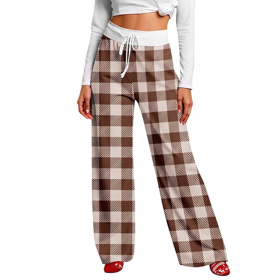 JJHGVB plaid pajama pants Drawstring Pjs Plaid Print High Waisted Sleep Bottoms Baggy Pajama Pants Elastic Waist Flowy pants for women Palazzo Pants woman pants A1-Green S